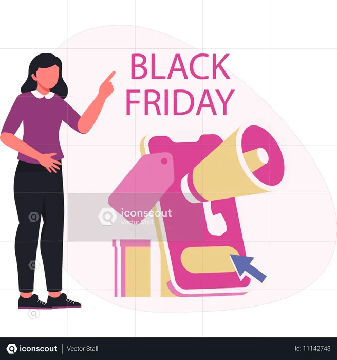 Mujer señalando la venta del viernes negro  Ilustración