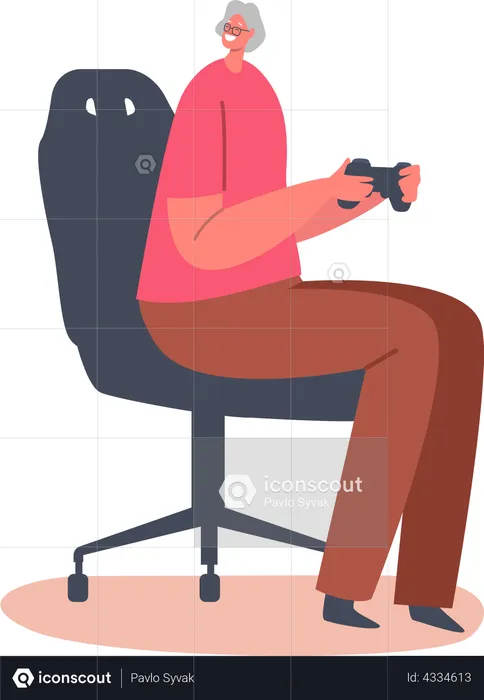 Mujer mayor jugando videojuegos  Ilustración