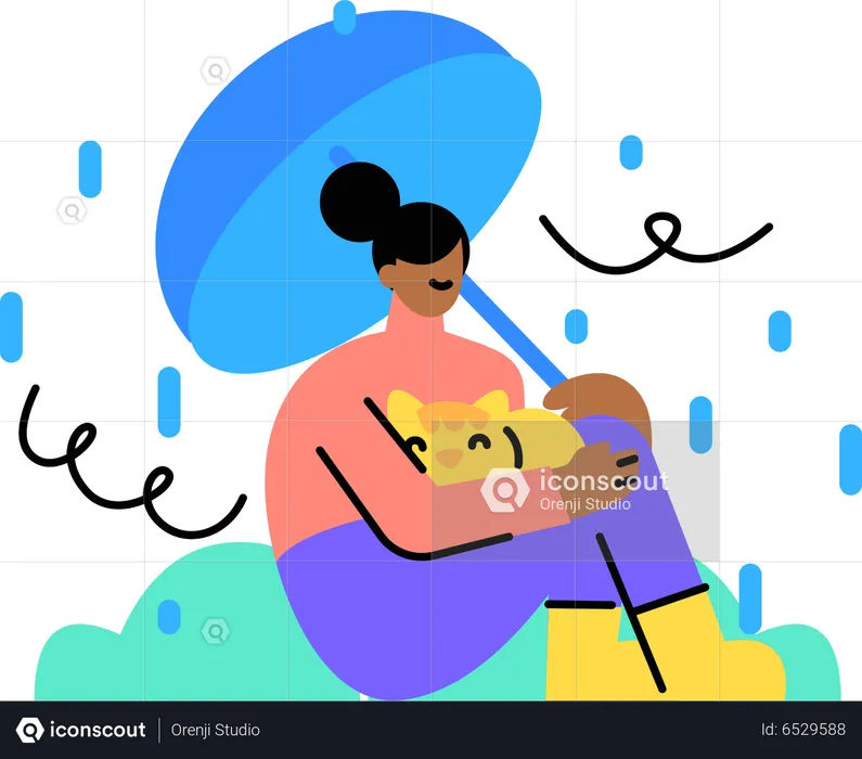 La mujer se sienta bajo el paraguas durante la lluvia  Ilustración