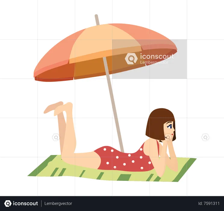 Mujer sentada bajo una sombrilla en la playa  Ilustración