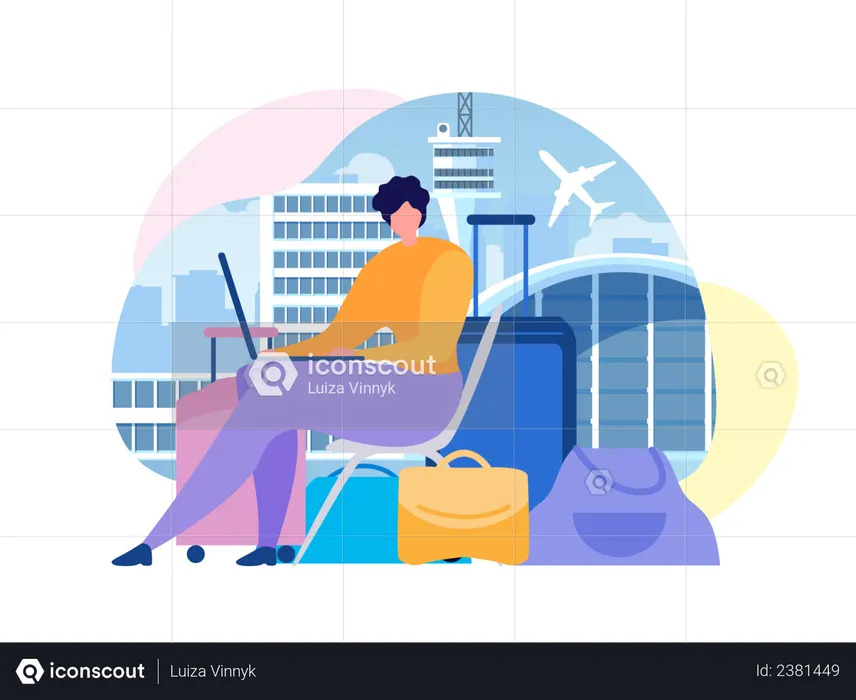 Mujer sentada cerca del equipaje, usando una computadora portátil, buscando horarios de vuelos en Internet  Ilustración