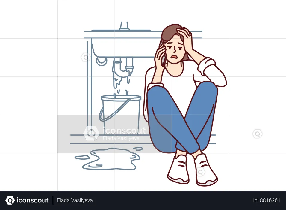 Una mujer se sienta cerca de un lavabo con fugas en el baño  Ilustración
