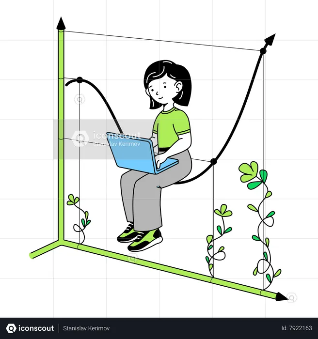 La mujer se sienta en la curva del gráfico con la computadora portátil.  Ilustración