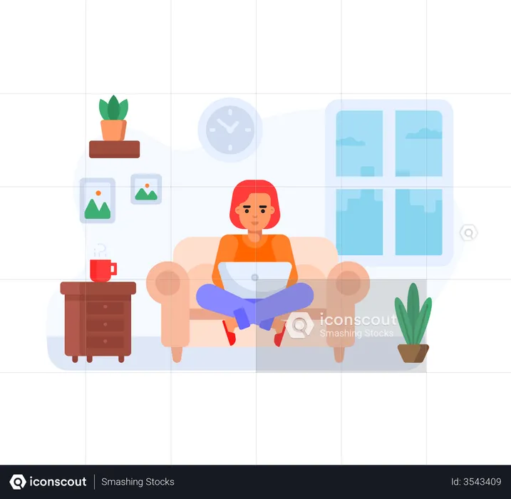 Mujer sentada en el sofá y trabajando desde casa  Ilustración