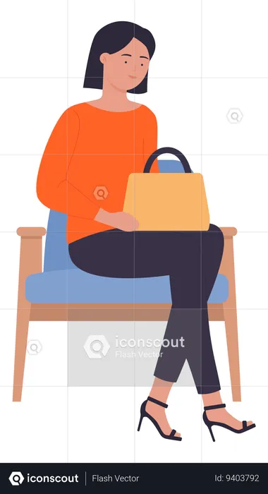 Mujer sentada en una silla con bolso  Ilustración