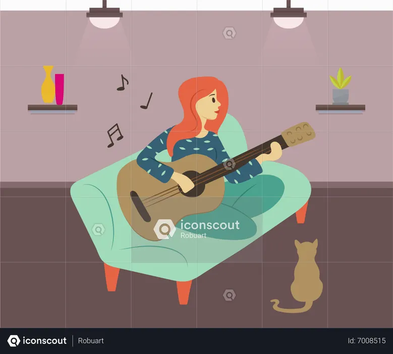 Mujer sentada en el sofá y tocando la guitarra  Ilustración