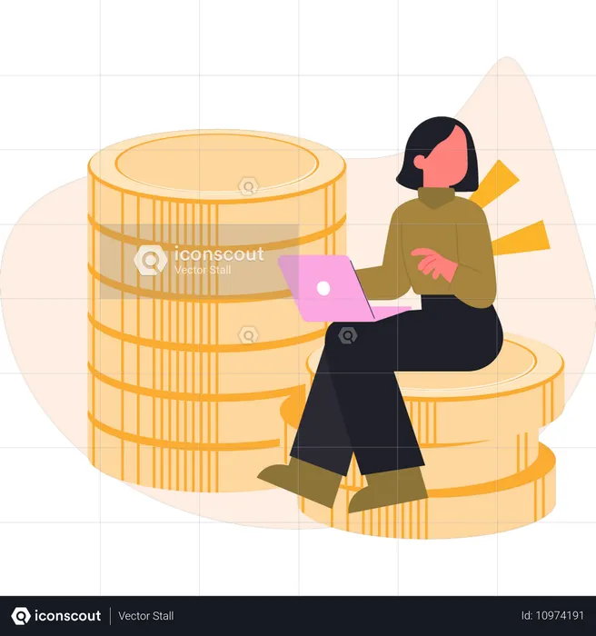 Mujer sentada sobre una moneda y usando una computadora portátil  Ilustración