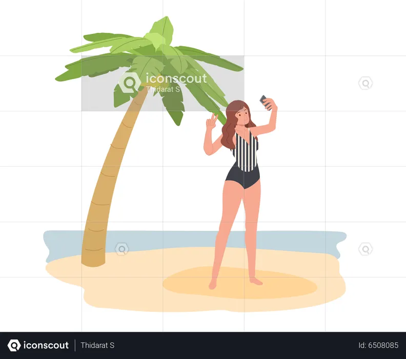 Mujer sexy en la playa tomando selfie con paisaje marino por teléfono inteligente  Ilustración