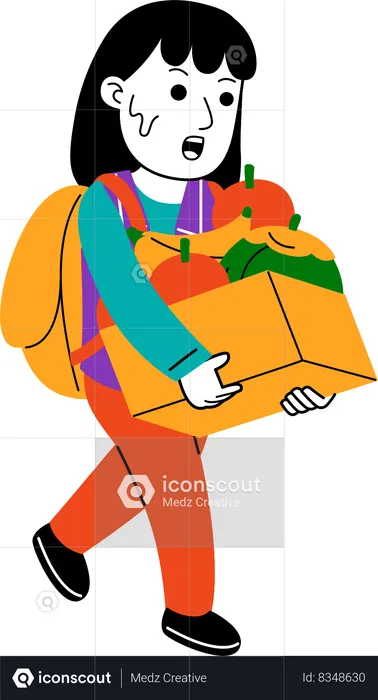 Mujer Shopper llevar frutas en caja de cartón  Ilustración