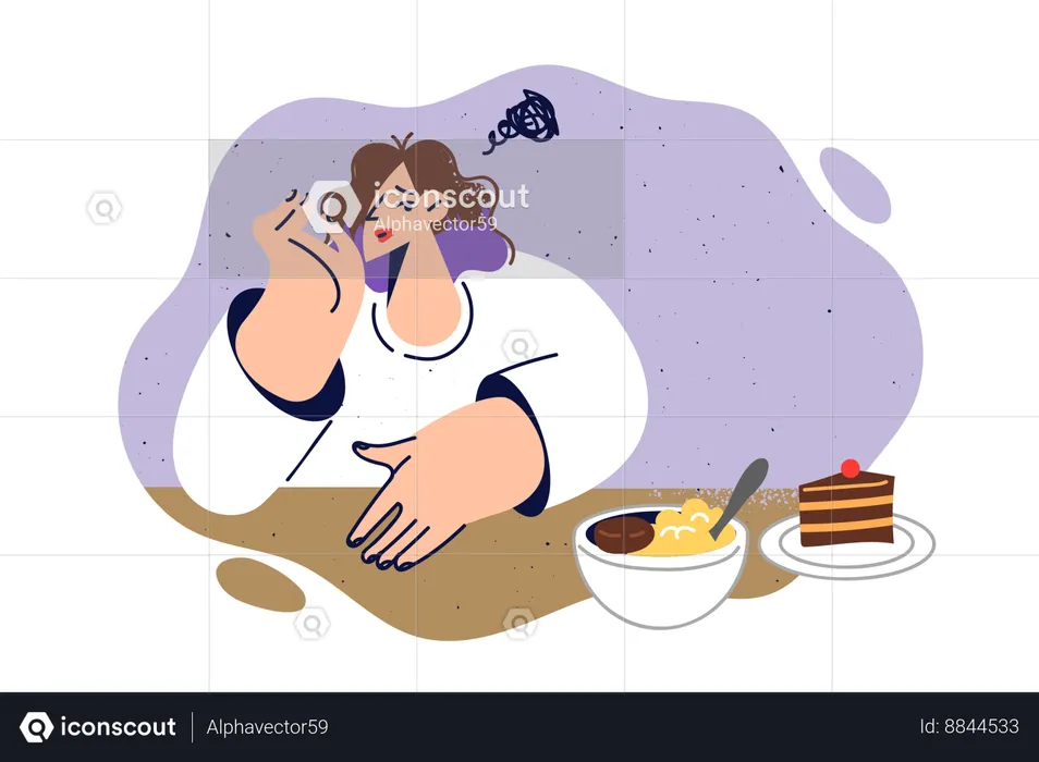 La mujer siente falta de apetito sentada a la mesa con comida  Ilustración