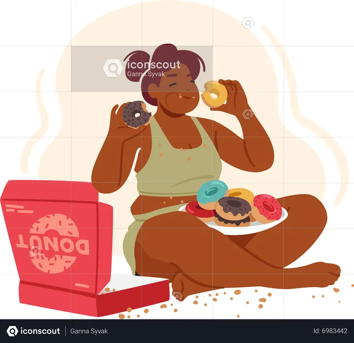 Mujer con sobrepeso y alimentación obsesiva.  Ilustración