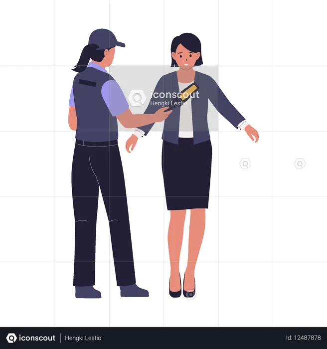 Mujer sometida a control de seguridad con escáner corporal por parte de un guardia  Ilustración