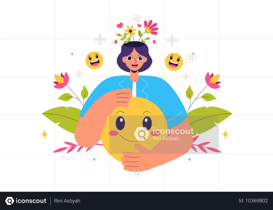 Mujer sonriendo con pensamientos positivos  Ilustración