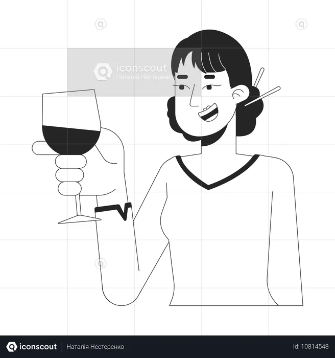 Mujer sonriente con moño de palillos brindando con vino  Illustration