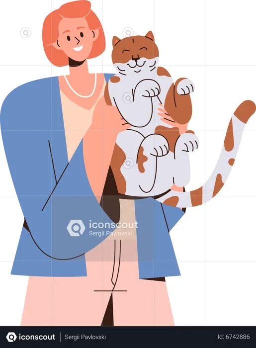 Mujer sonriente sosteniendo un lindo gato en brazos  Ilustración