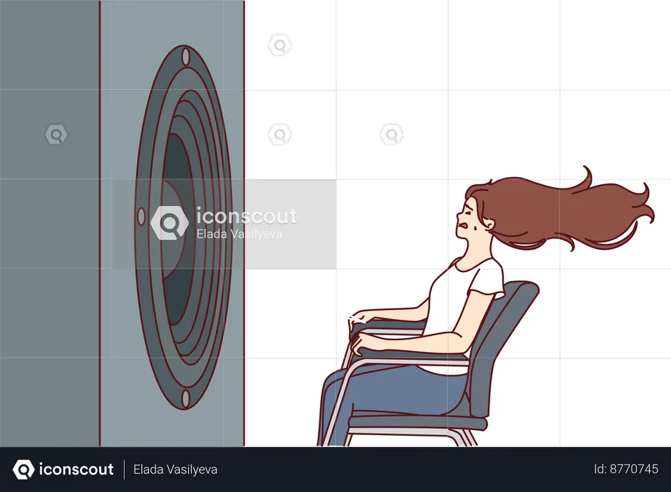 Una mujer sorda está sentada frente al subwoofer  Ilustración