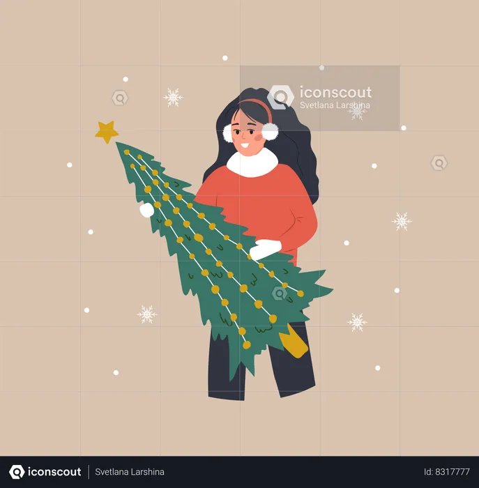 Mujer sosteniendo el árbol de Navidad  Ilustración