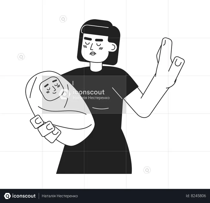 Mujer sosteniendo al bebé y mostrando gesto de parada  Ilustración