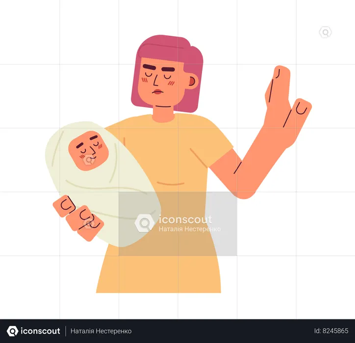 Mujer sosteniendo al bebé y mostrando gesto de parada  Ilustración