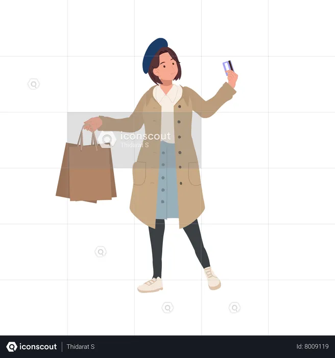 Mujer sosteniendo bolsas de compras y tarjeta de crédito  Ilustración