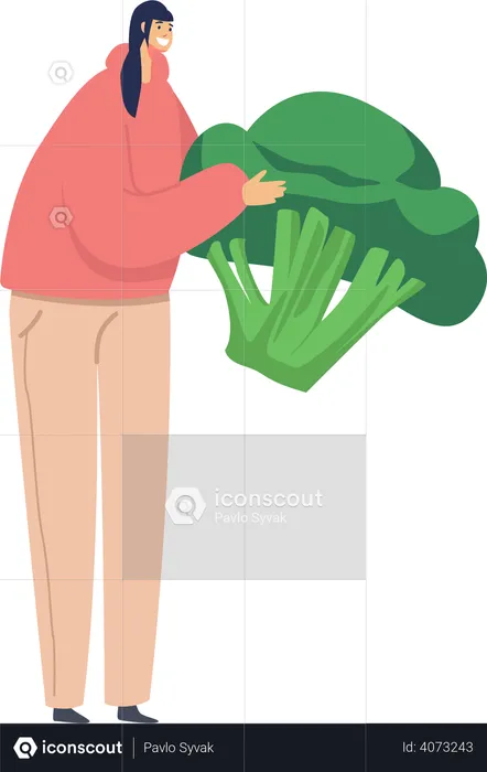 Mujer sosteniendo brócoli en las manos  Illustration