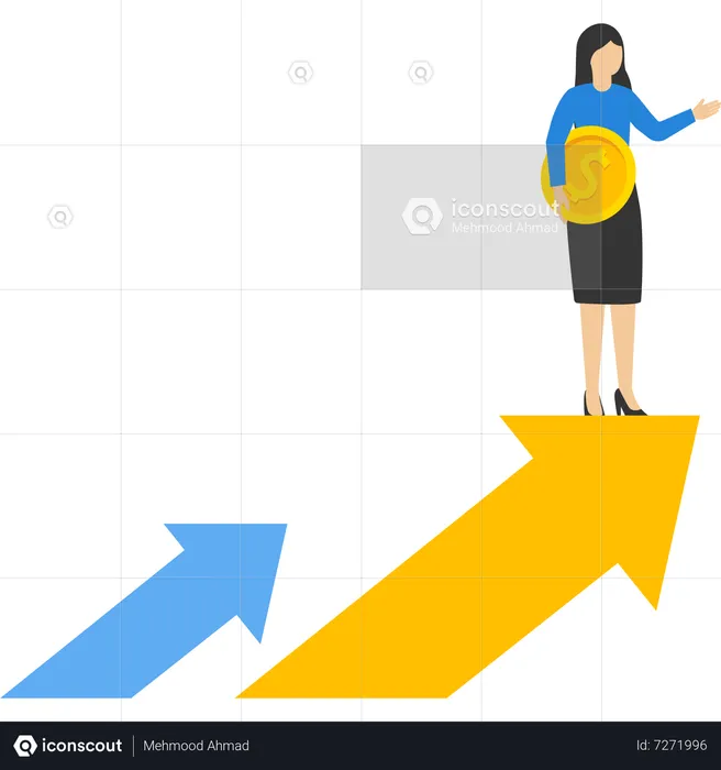 Mujer sosteniendo moneda de dólar y gráfico de barras ascendente  Ilustración