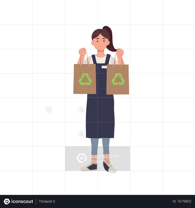 Mujer sosteniendo una bolsa artesanal reciclable en ambas manos.  Ilustración