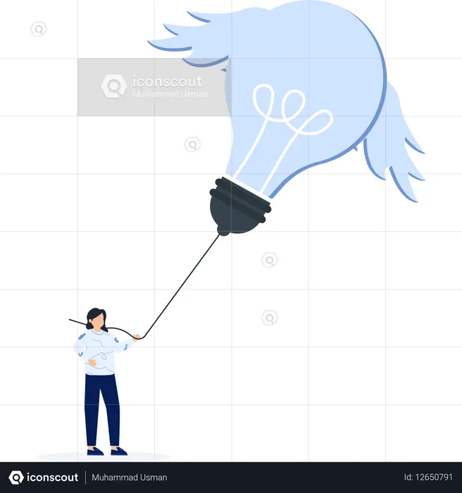 Mujer sosteniendo una bombilla voladora con alas Innovación  Ilustración