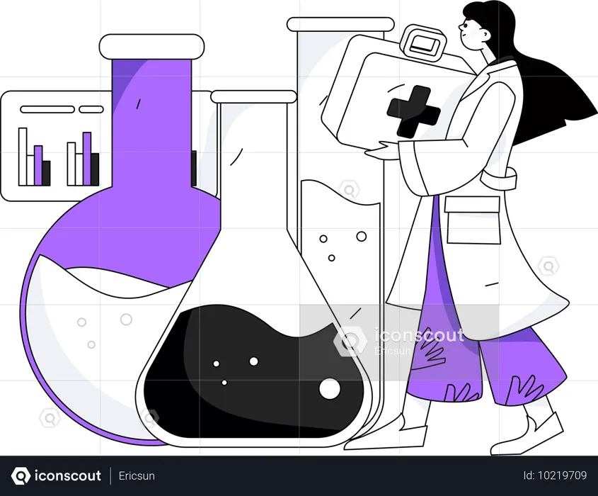 Mujer sosteniendo una caja médica mientras realiza una investigación médica  Ilustración