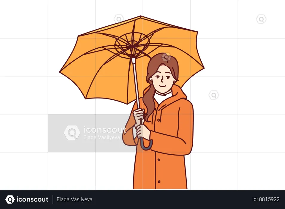 Mujer sostiene paraguas y usa impermeable  Ilustración