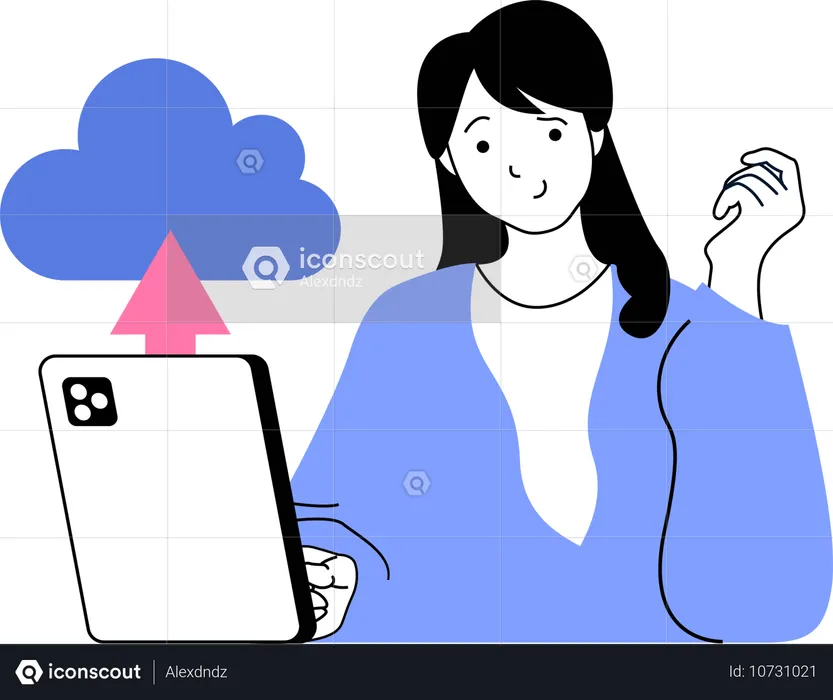 Mujer subiendo archivos a la red en la nube  Ilustración