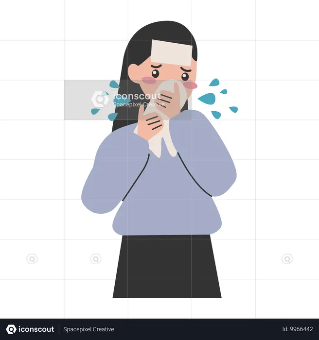 Mujer sufre de resfriado y gripe  Ilustración