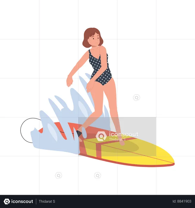 Mujer surfeando con tabla de surf  Ilustración