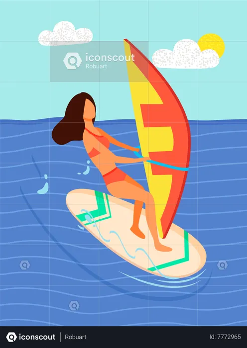 Mujer surfista montando a bordo con lona  Ilustración