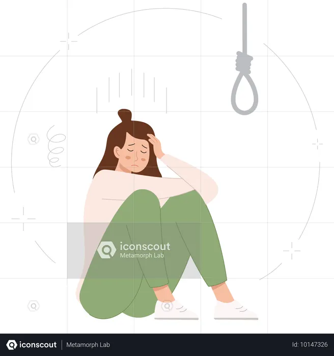 Mujer teniendo pensamientos suicidas  Ilustración
