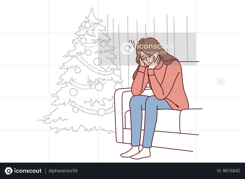 La mujer tensa está sentada en el sofá cerca del árbol de Navidad  Ilustración