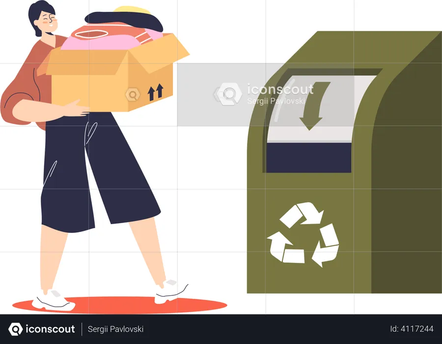 Mujer tirando ropa en un contenedor de reciclaje  Ilustración