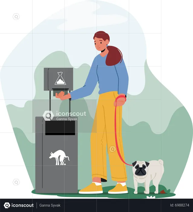 Mujer toma una bolsa de plástico para limpiar excremento de perro en la calle  Ilustración