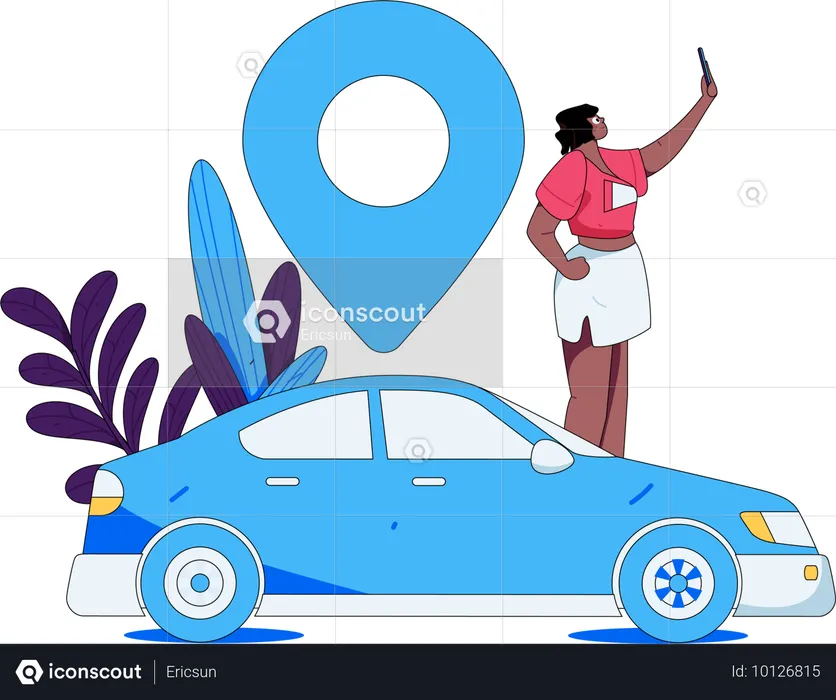 Mujer hace clic en su foto con taxi  Ilustración