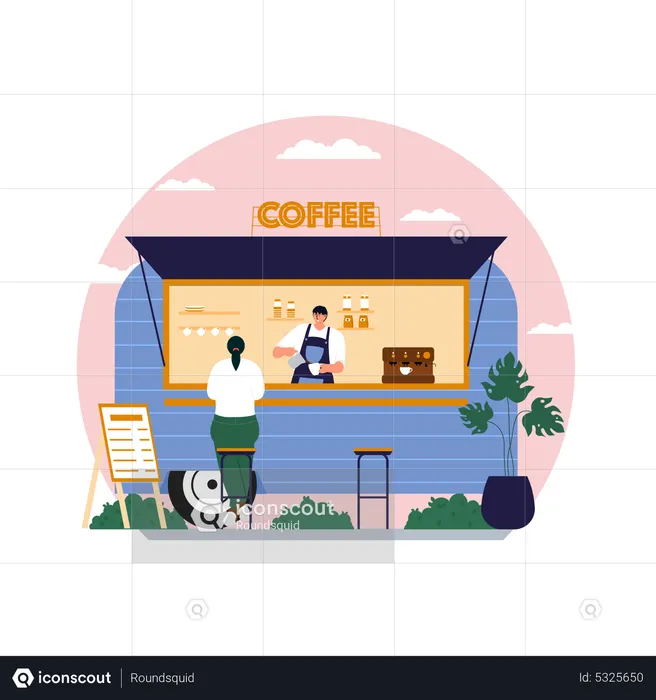 Mujer tomando café en el camión del café  Ilustración