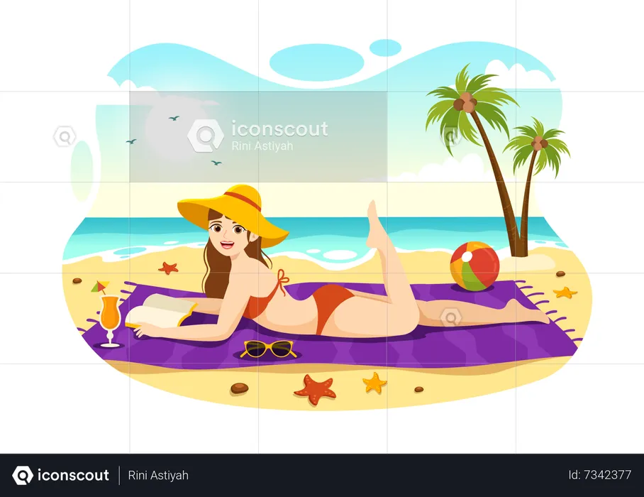 Mujer tomando el sol en la playa  Ilustración