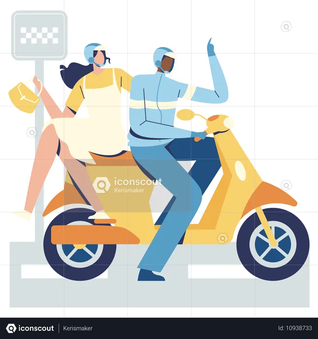 Mujer tomando un taxi de moto en línea  Ilustración