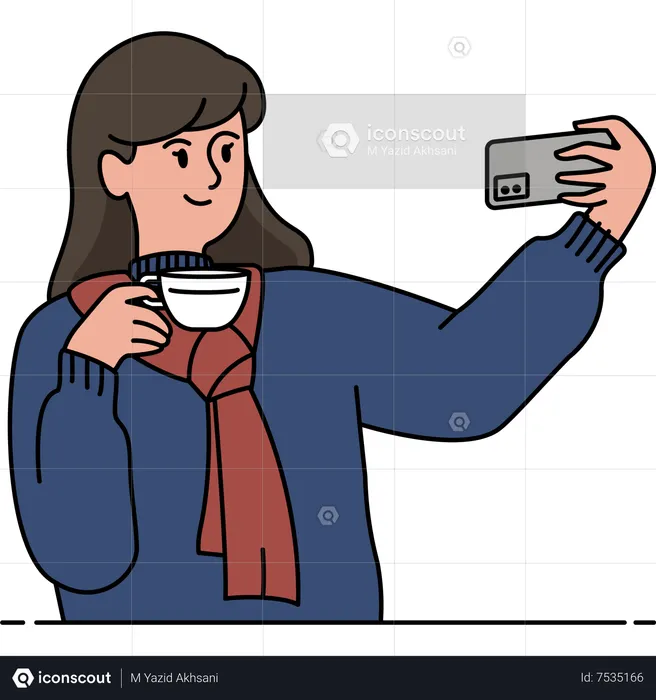 Mujer tomando selfie en cafetería  Ilustración