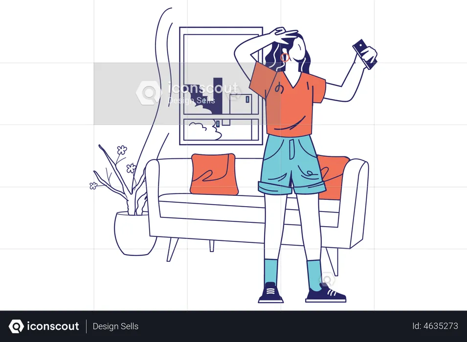 Mujer tomando selfie en casa  Ilustración