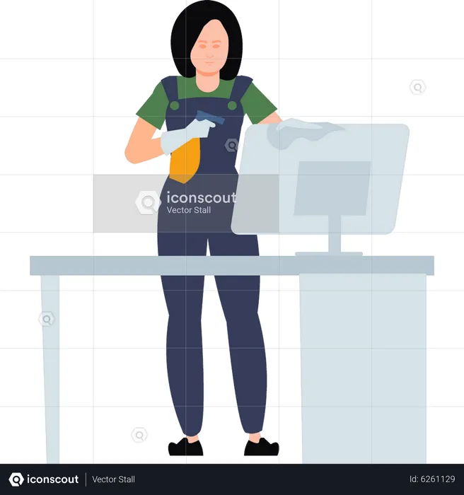 Mujer trabajadora de limpieza monitor de limpieza  Ilustración