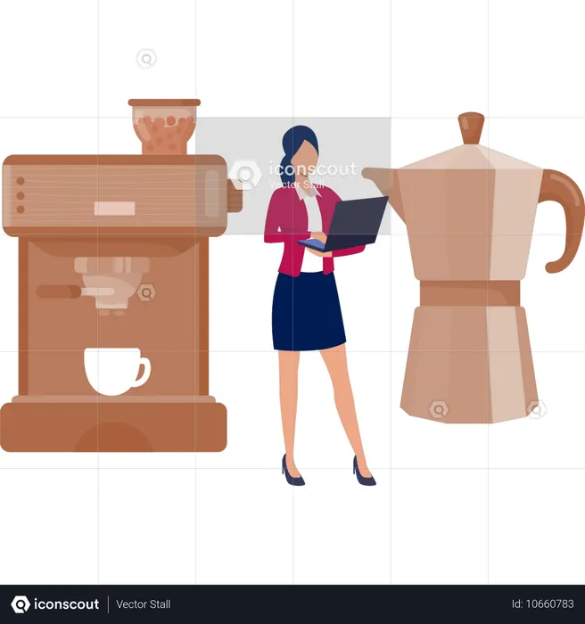 Mujer trabajando al lado de la máquina de café  Ilustración