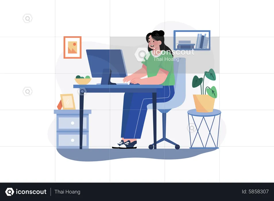 Mujer trabajando desde casa  Ilustración