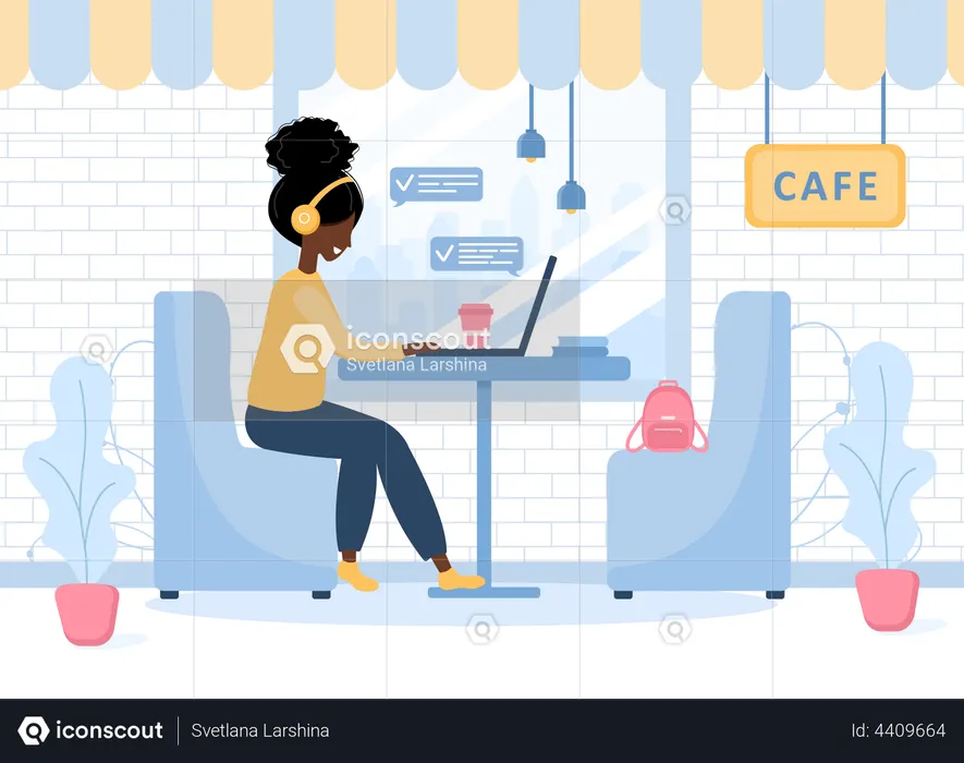 Mujer trabajando en cafe  Ilustración