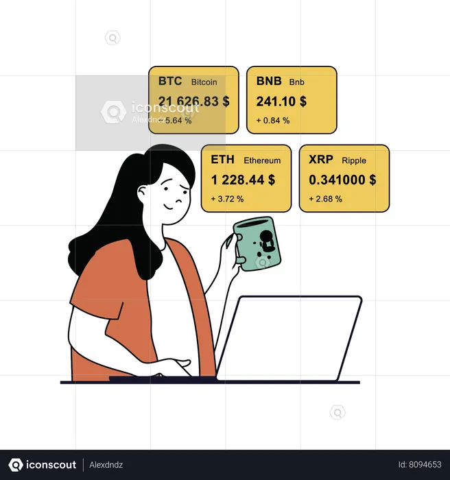 Mujer trabajando en el mercado de criptomonedas  Ilustración