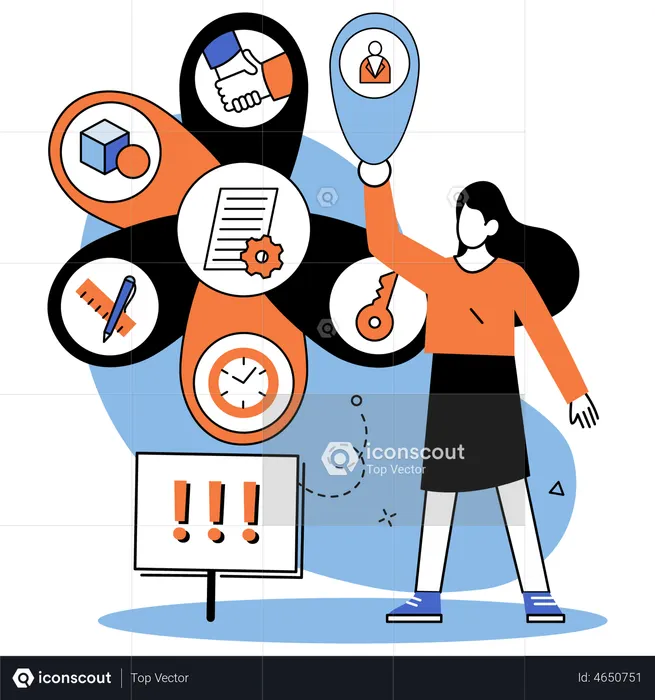 Mujer trabajando en gestión de estrategias.  Ilustración